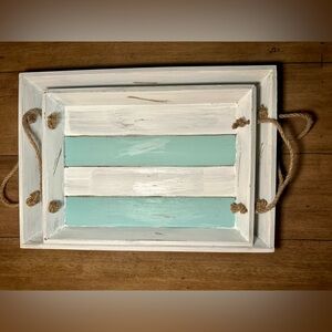 Set of 2 nautical white and blue distressed trays